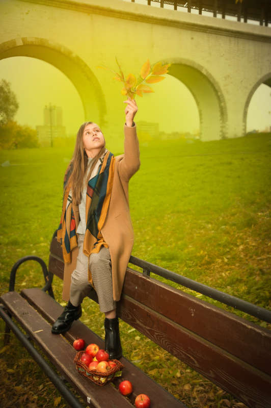 Осенние вдохновение автор  Филипп  Махов на PhotoGeek.ru #Коллаж #Жанровая фотография #Портрет #Девушка #Жанр #Листья #Обработка фотографий #Осень #Скамейка в парке #Сюжет #Фотомодель